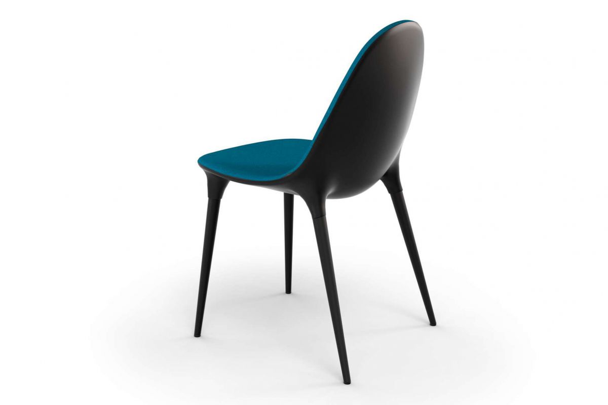 Chaise design ergonomique en tissu, coque en polystyrène noir, structure à 4 pieds peint en noir 