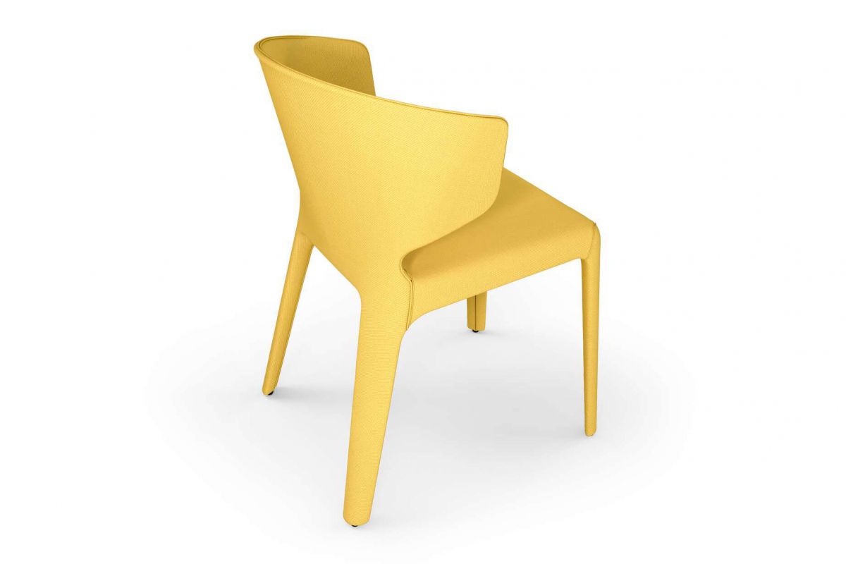Chaise design ergonomique en tissu jaune, structure à 4 pieds avec patins