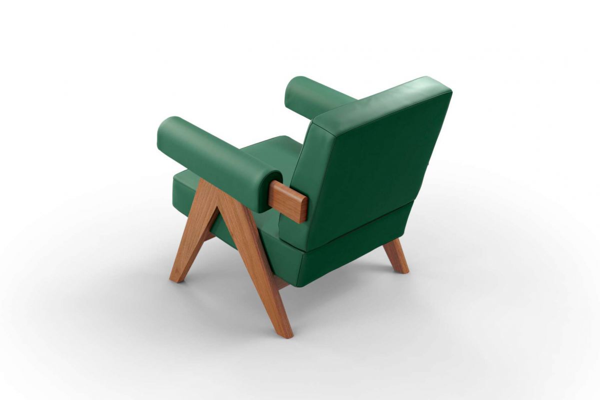 Fauteuil design confortable en cuir vert avec accoudoirs et 4 pieds en bois naturel 