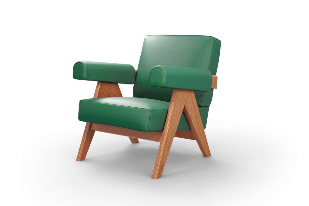 Fauteuil design ergonomique en cuir vert avec accoudoirs et 4 pieds en bois naturel 