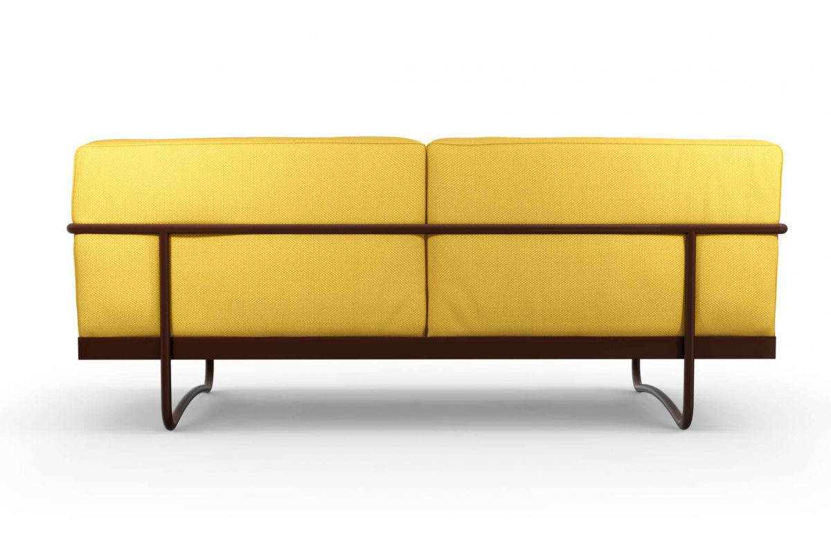 Canapé design et confortable en tissu jaune en structure peinte en marron, face arrière  