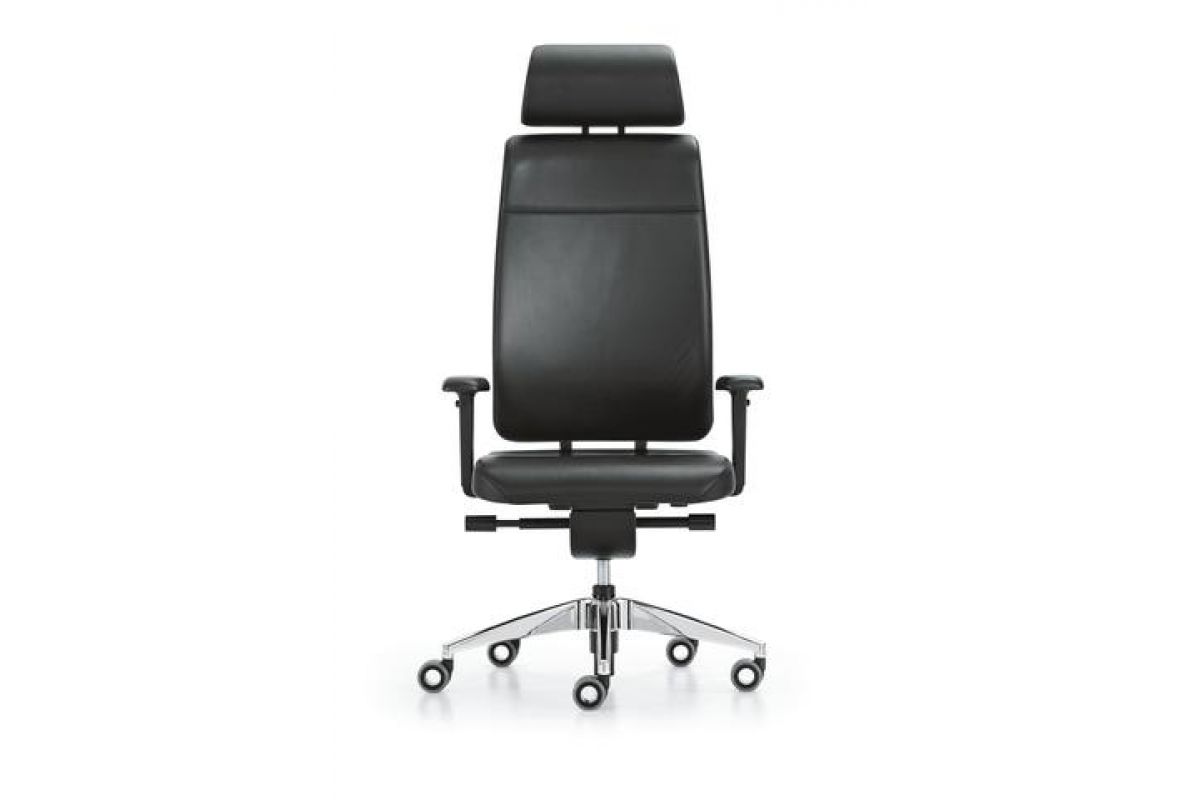 Siège de bureau avec appuie-tête ergonomique de qualité, méchanise synchrone, dossier en résille noir et assise en cuir noir, avec accoudoirs, piétement 5 branches en alu poli Reglex 1 Girsberger